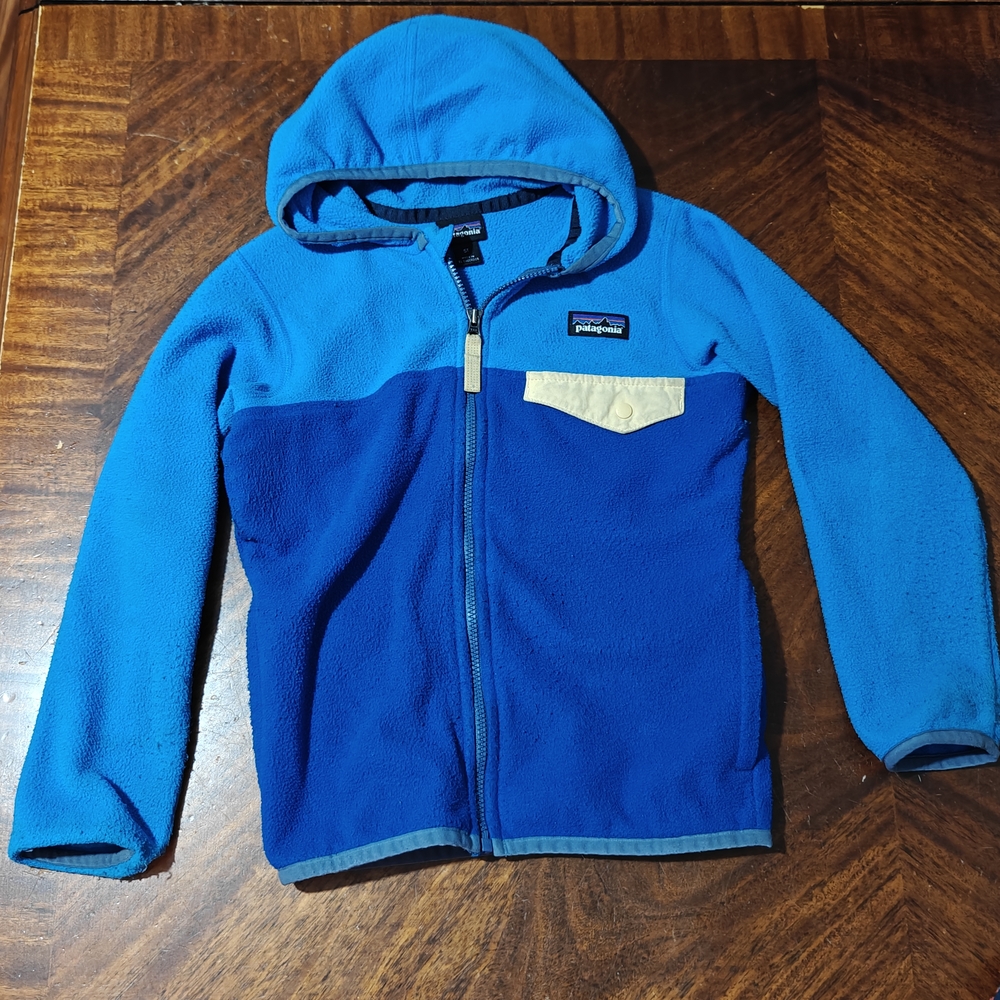 Patagonia Kids Blue Fleece Hoodie with Tan Pocket